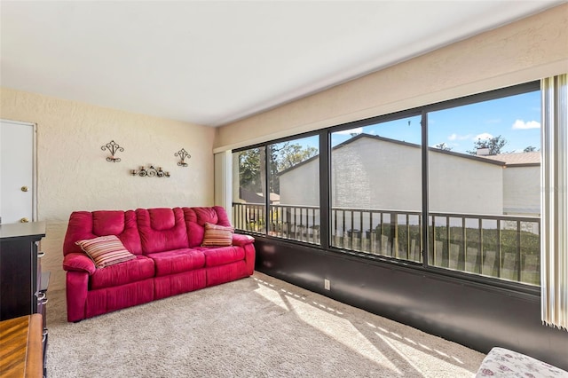 carpeted living room with a textured wall