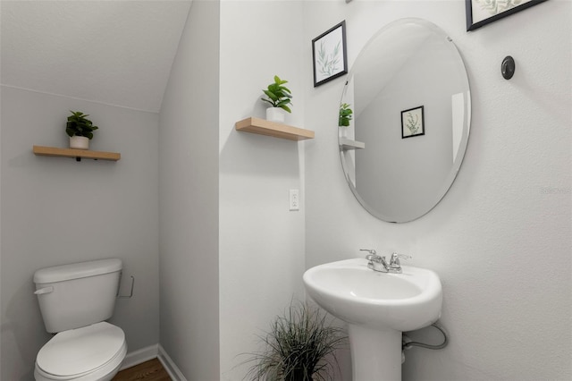 bathroom with toilet, baseboards, and vaulted ceiling