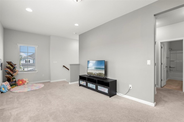 game room featuring recessed lighting, baseboards, and carpet floors