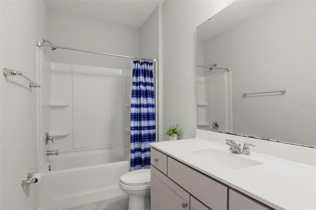 full bathroom with shower / bath combo with shower curtain, toilet, and vanity