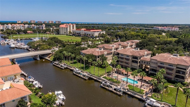 drone / aerial view featuring a water view