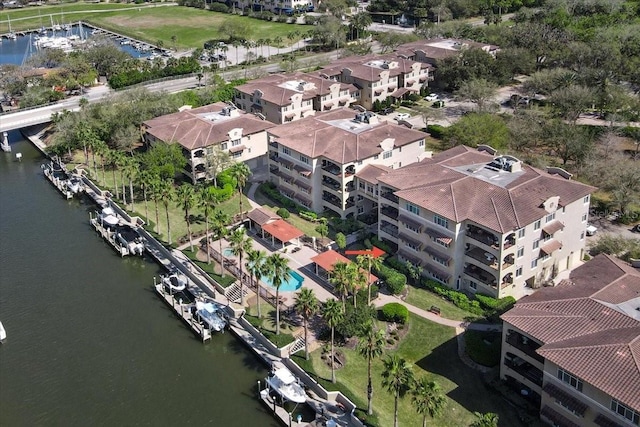 drone / aerial view with a water view