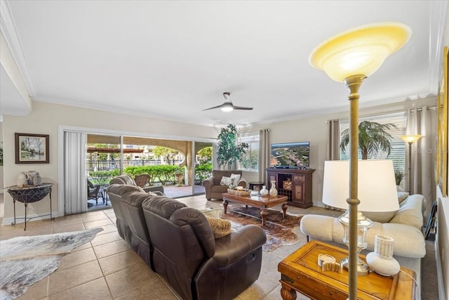 living area with light tile patterned flooring, plenty of natural light, and crown molding