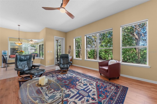 sitting room featuring wood finished floors, baseboards, and a textured ceiling