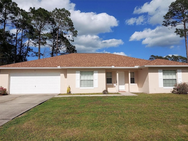 ranch-style house with a front yard, roof with shingles, driveway, an attached garage, and stucco siding