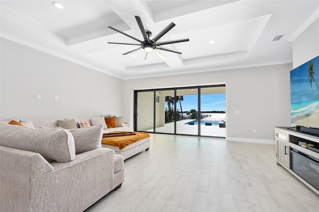 living room with visible vents, baseboards, light wood-type flooring, ornamental molding, and coffered ceiling