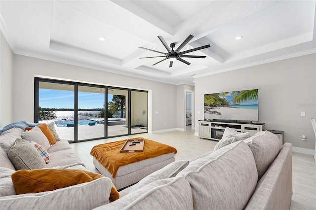 living area featuring baseboards, recessed lighting, light wood-style floors, coffered ceiling, and a ceiling fan