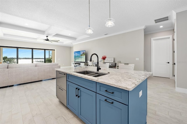 kitchen with visible vents, pendant lighting, a sink, a textured ceiling, and coffered ceiling