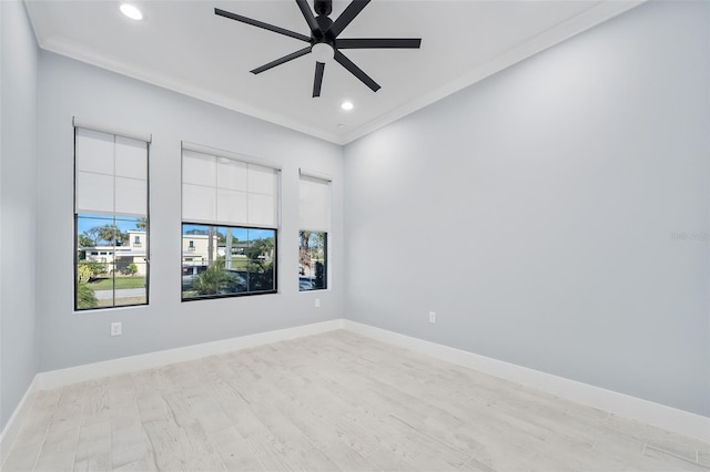 unfurnished room with recessed lighting, light wood-style flooring, baseboards, and ceiling fan