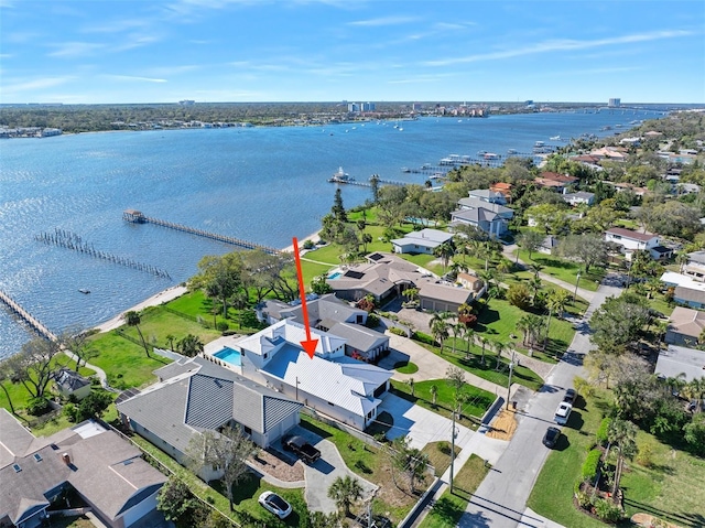 drone / aerial view featuring a water view