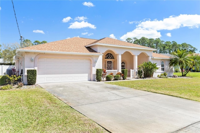 mediterranean / spanish house featuring stucco siding, a garage, concrete driveway, and a front lawn