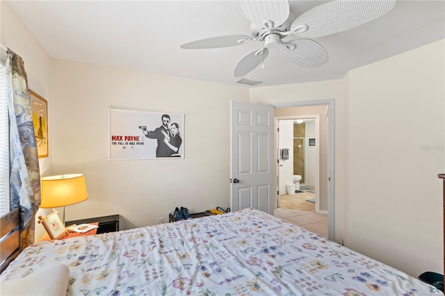 bedroom featuring tile patterned floors, a ceiling fan, and visible vents