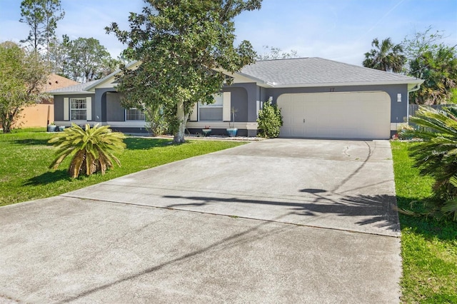 view of front of house with a front yard, roof with shingles, stucco siding, a garage, and driveway