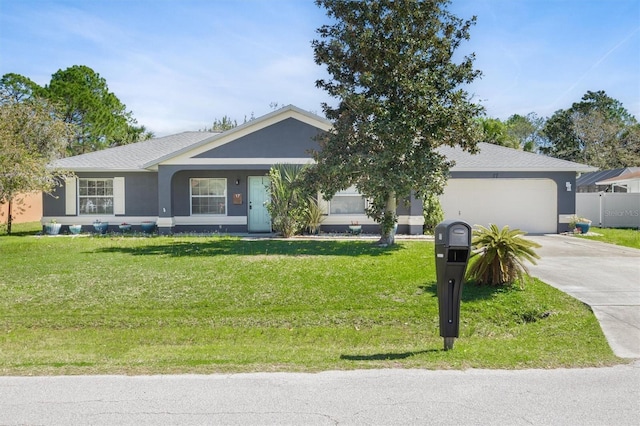 view of front facade featuring a front lawn, fence, concrete driveway, stucco siding, and an attached garage