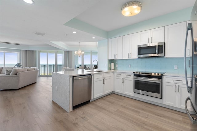 kitchen with a sink, open floor plan, a peninsula, appliances with stainless steel finishes, and white cabinets