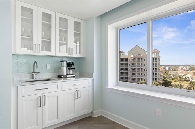 bar featuring tasteful backsplash, wood finished floors, baseboards, and a sink