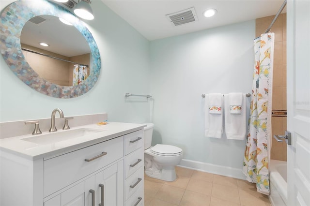 full bath featuring visible vents, toilet, tile patterned flooring, baseboards, and vanity