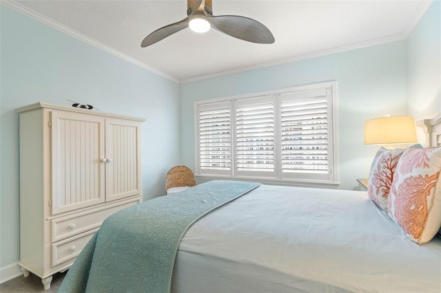 bedroom featuring a ceiling fan and crown molding