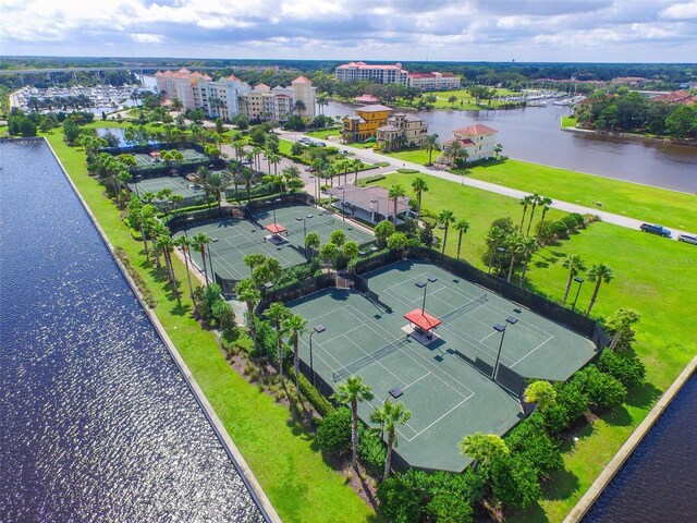 drone / aerial view with a water view