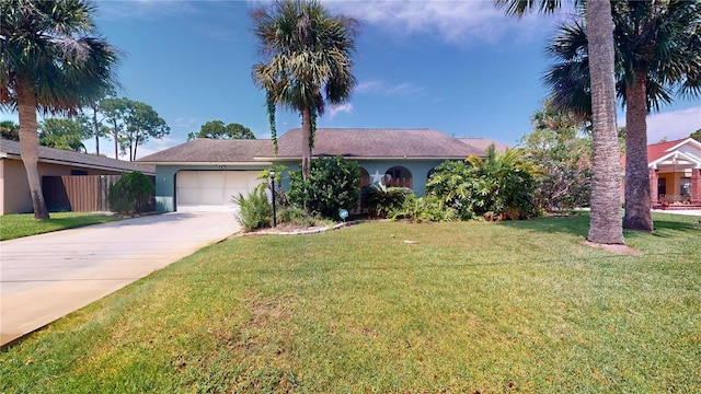 ranch-style house featuring concrete driveway, an attached garage, a front lawn, and stucco siding