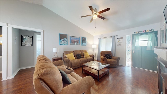 living room with wood finished floors, baseboards, high vaulted ceiling, a fireplace, and ceiling fan