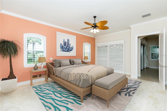 bedroom with visible vents, baseboards, a closet, and ornamental molding