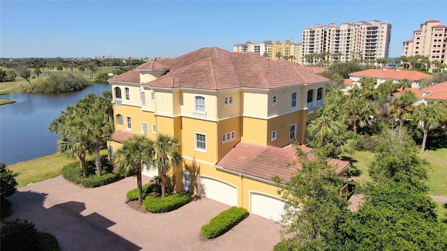 drone / aerial view featuring a water view