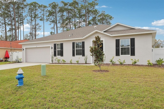 ranch-style house featuring stucco siding, an attached garage, driveway, and fence