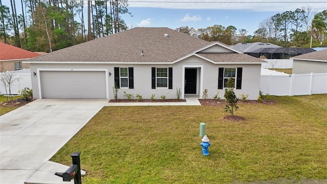 single story home with stucco siding, concrete driveway, a front yard, and fence