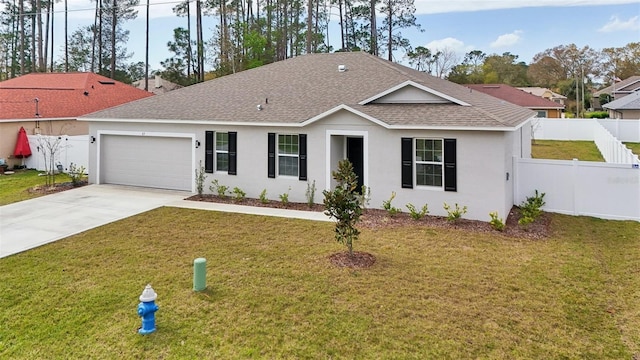 single story home featuring a front yard, roof with shingles, driveway, a fenced backyard, and stucco siding