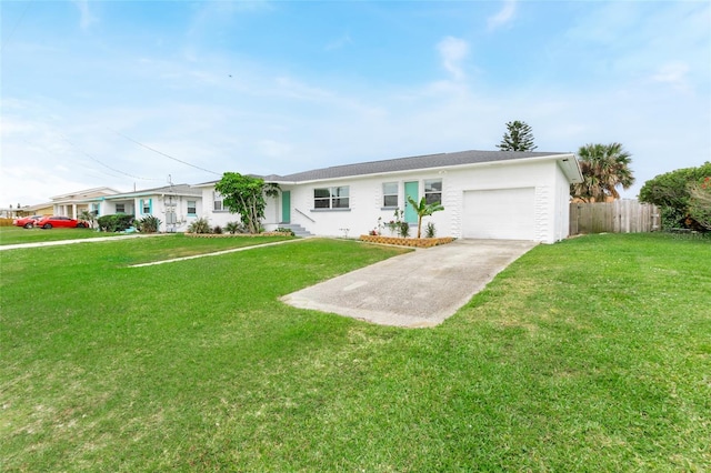 ranch-style home with a garage, concrete driveway, a front yard, and fence