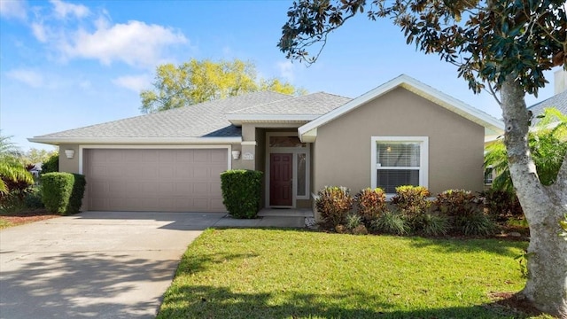 ranch-style home with roof with shingles, driveway, stucco siding, a front lawn, and a garage