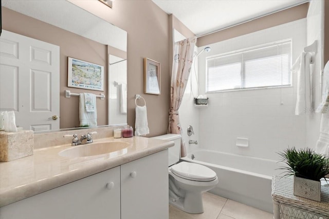 full bathroom featuring shower / bathtub combination with curtain, toilet, vanity, and tile patterned flooring