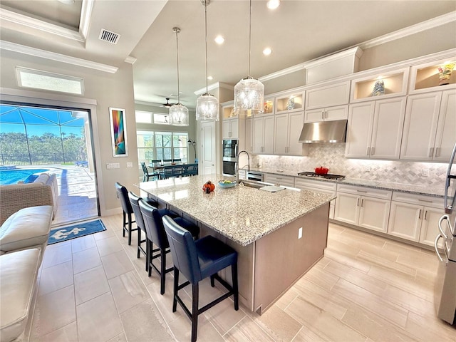 kitchen with a sink, decorative backsplash, appliances with stainless steel finishes, under cabinet range hood, and crown molding