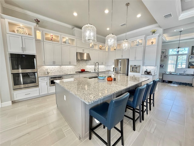 kitchen featuring visible vents, under cabinet range hood, a large island, stainless steel appliances, and a sink