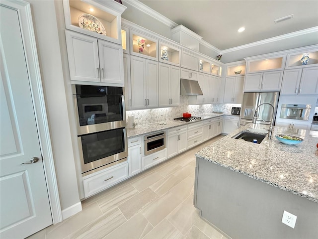 kitchen with under cabinet range hood, stainless steel appliances, tasteful backsplash, and a sink