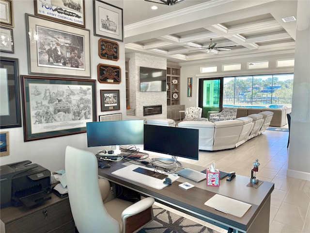 office area with visible vents, coffered ceiling, beam ceiling, ceiling fan, and ornamental molding