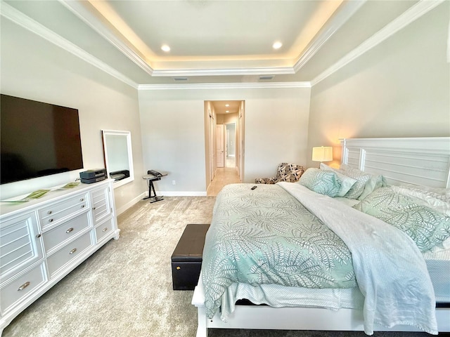 bedroom featuring baseboards, a tray ceiling, recessed lighting, ornamental molding, and light colored carpet