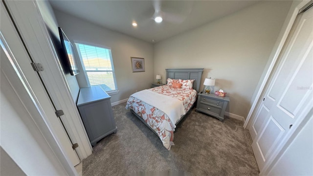 bedroom with recessed lighting, baseboards, and carpet floors