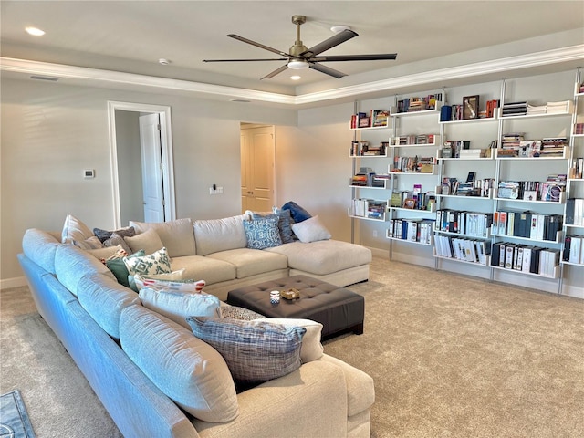 living room with recessed lighting, baseboards, carpet, and a ceiling fan