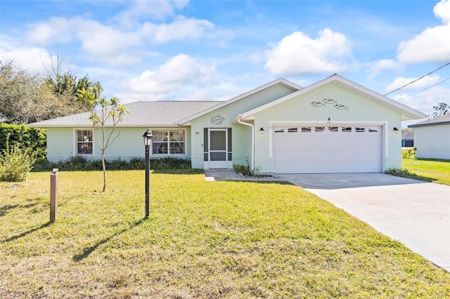 single story home featuring a front yard, a garage, driveway, and stucco siding