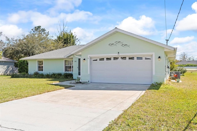 single story home featuring a front lawn, central air condition unit, stucco siding, a garage, and driveway