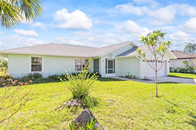 ranch-style home featuring concrete driveway, an attached garage, a front lawn, and stucco siding