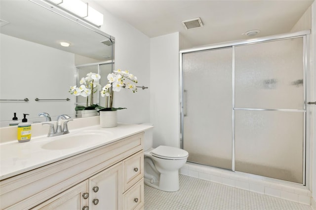 2970 Saint Johns Ave Unit 3F, Jacksonville, FL 32205 - bathroom with vanity, visible vents, a stall shower, tile patterned flooring, and toilet