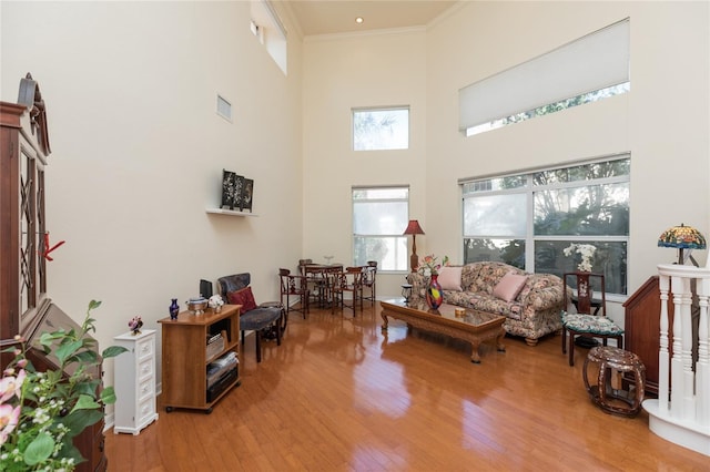 living room with visible vents, crown molding, a high ceiling, and wood finished floors