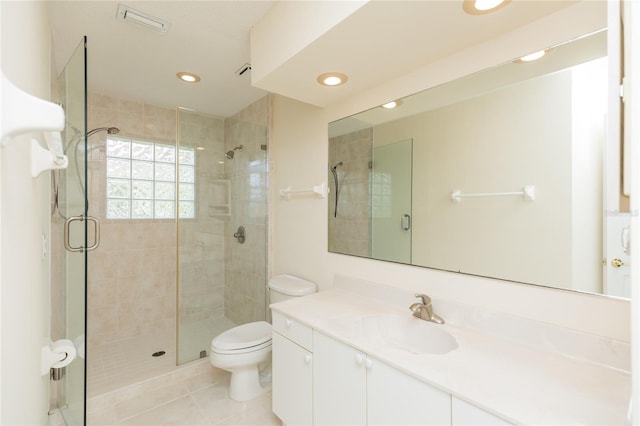 full bath with tile patterned floors, toilet, visible vents, and a stall shower