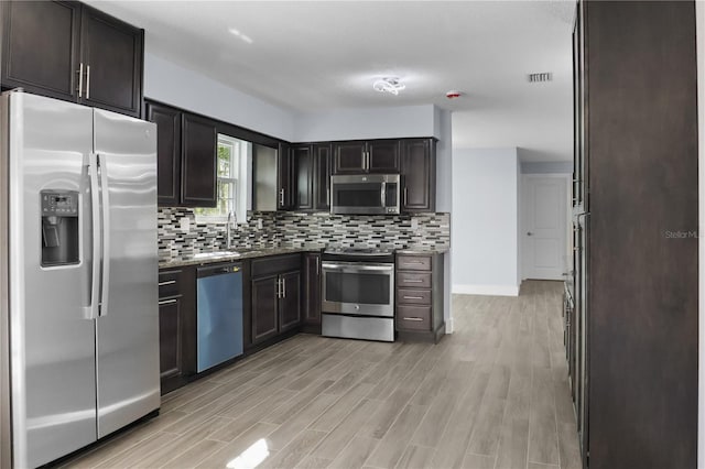 kitchen featuring light wood-type flooring, visible vents, a sink, tasteful backsplash, and stainless steel appliances