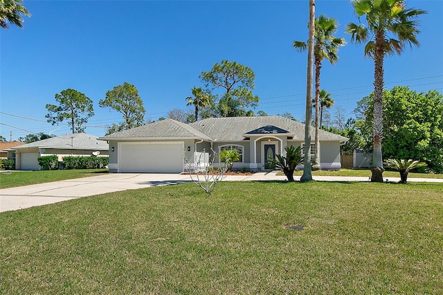 ranch-style home with concrete driveway, a garage, a front lawn, and stucco siding