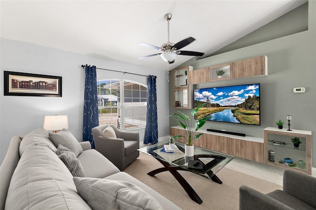 living room featuring lofted ceiling and ceiling fan