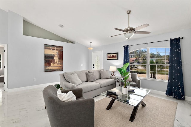 living room featuring a ceiling fan, visible vents, baseboards, vaulted ceiling, and marble finish floor